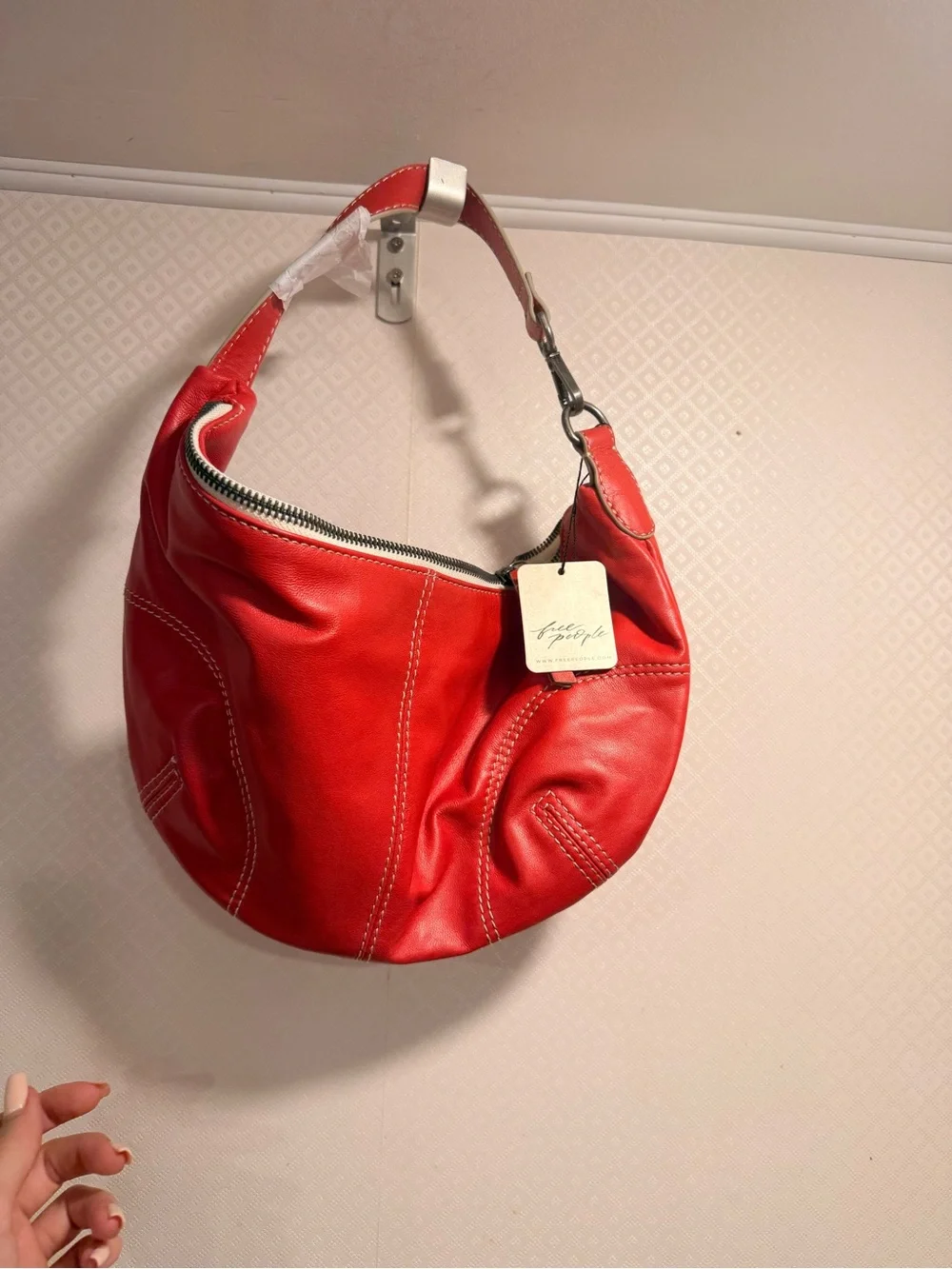 NWT Free People Red Leather Hobo Crescent Shoulder Bag